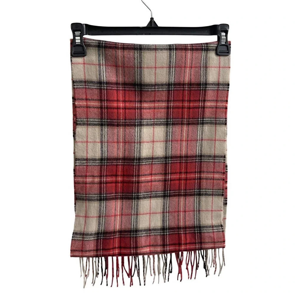 D&Y Plaid Scarf Women OS Red Cream Softer Than Cashmere‎ Acrylic Fringe Tartan